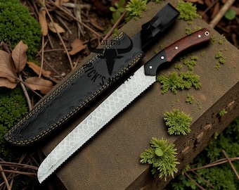 Hand Forged Damascus Steel Full Tang Bread Knife , Serrated Edge Handmade Damascus Kitchen Knife Gift for Husband, Birthday Gift for Him USA