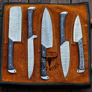 Unique Handmade Damascus Steel Chef Knives Set, Damascus chef knife, 5PCs set, Damascus kitchen knives Set, USA KNIVES BEST Gift for Him/Her Black Pakka Wood