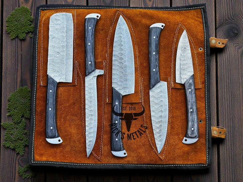 Unique Handmade Damascus Steel Chef Knives Set, Damascus chef knife, 5PCs set, Damascus kitchen knives Set, USA KNIVES BEST Gift for Him/Her Black Pakka Wood