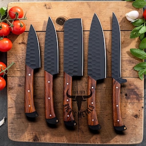 Unique Handmade Damascus Steel Chef Knives Set, Damascus chef knife, 5PCs set, Damascus kitchen knives Set, USA KNIVES BEST Gift for Him/Her D2 & Rosewood