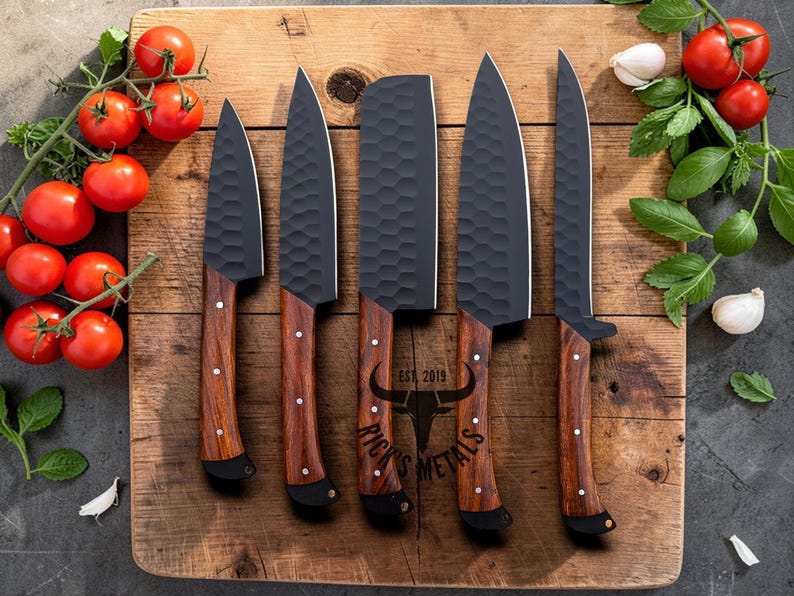 Unique Handmade Damascus Steel Chef Knives Set, Damascus chef knife, 5PCs set, Damascus kitchen knives Set, USA KNIVES BEST Gift for Him/Her D2 & Rosewood
