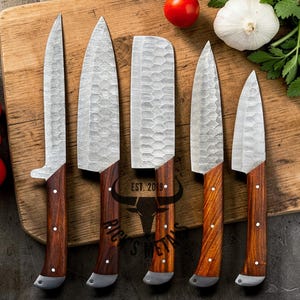 Unique Handmade Damascus Steel Chef Knives Set, Damascus chef knife, 5PCs set, Damascus kitchen knives Set, USA KNIVES BEST Gift for Him/Her image 18