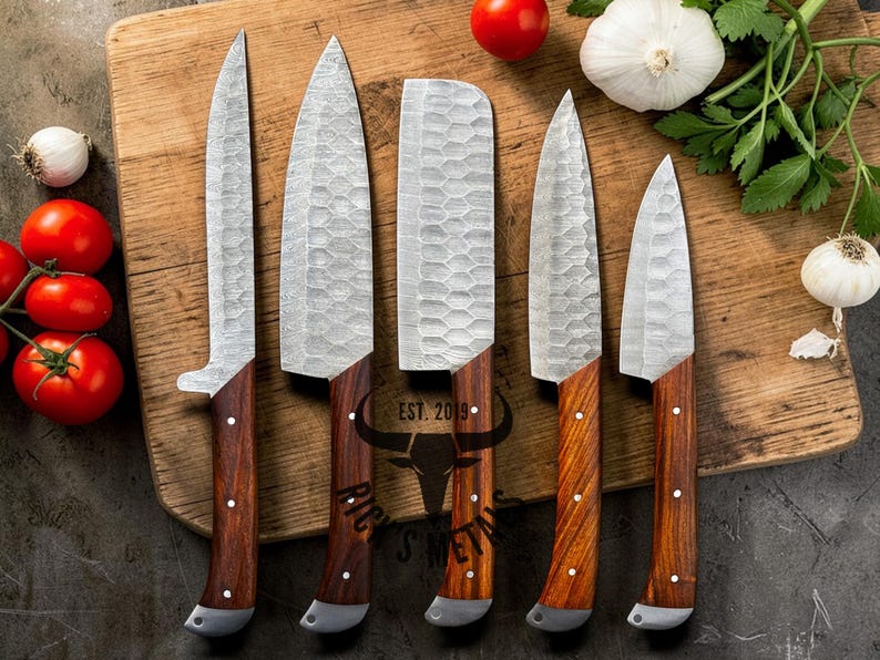 Unique Handmade Damascus Steel Chef Knives Set, Damascus chef knife, 5PCs set, Damascus kitchen knives Set, USA KNIVES BEST Gift for Him/Her image 18
