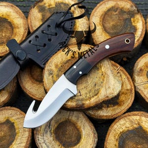 D2 Steel Handmade Finger Hole Skinner Camping Knife, Hunting Knife, Easy To Carry Hand Forged Knife with Sheath, Valentines Gift for Him|Her Guthook