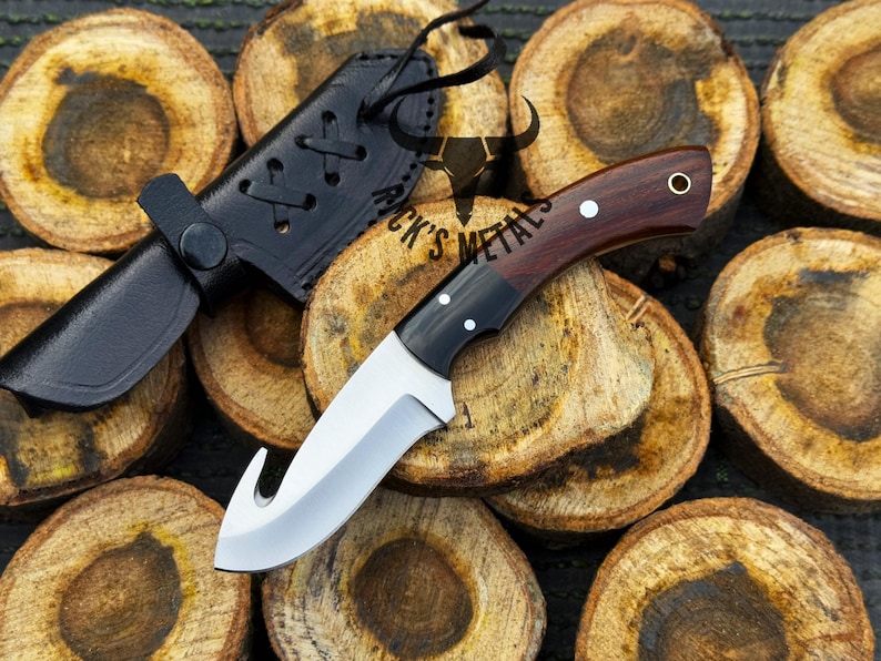 D2 Steel Handmade Finger Hole Skinner Camping Knife, Hunting Knife, Easy To Carry Hand Forged Knife with Sheath, Valentines Gift for Him|Her Guthook