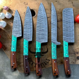 Unique Handmade Damascus Steel Chef Knives Set, Damascus chef knife, 5PCs set, Damascus kitchen knives Set, USA KNIVES BEST Gift for Him/Her image 3
