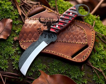 Hand Forged Finger Hole Camping Knife With Sheath, Hawk Bill Razor Sharp Hunting Knife, Pakka Wood Ergonomic Handle Gift for Husband USA