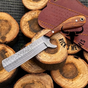 Damascus Steel Bull Cutter with Pancake Sheath, Cowboy Knives, Rasp Knives, Bull Cutter Knives, Damascus Hunting Knives Gift for Husband USA
