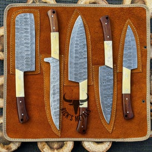 5 Pcs Damascus Steel BBQ Chef Set, handmade Kitchen knives, Hand Forged Chef knives Set, Damascus Chef knife ANNIVERSARY & Birthday Gift USA
