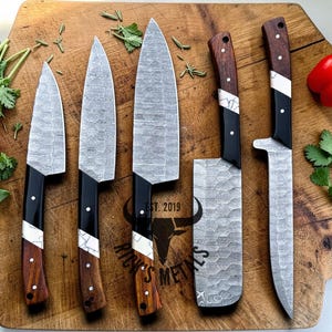 Unique Handmade Damascus Steel Chef Knives Set, Damascus chef knife, 5PCs set, Damascus kitchen knives Set, USA KNIVES BEST Gift for Him/Her image 7