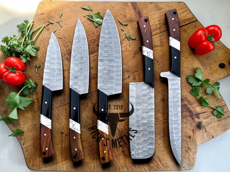 Unique Handmade Damascus Steel Chef Knives Set, Damascus chef knife, 5PCs set, Damascus kitchen knives Set, USA KNIVES BEST Gift for Him/Her image 7
