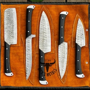 Unique Handmade Damascus Steel Chef Knives Set, Damascus chef knife, 5PCs set, Damascus kitchen knives Set, USA KNIVES BEST Gift for Him/Her G10 Micarta