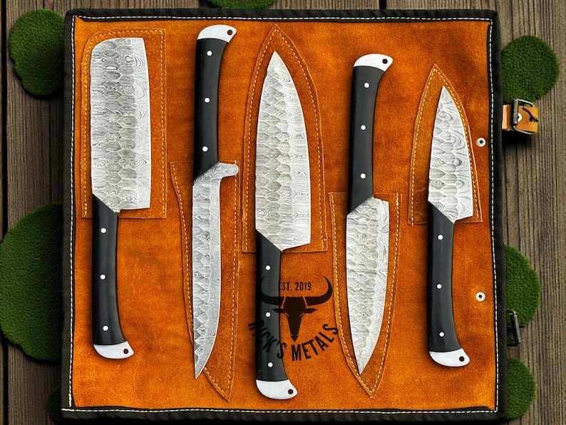 Unique Handmade Damascus Steel Chef Knives Set, Damascus chef knife, 5PCs set, Damascus kitchen knives Set, USA KNIVES BEST Gift for Him/Her G10 Micarta