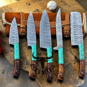 5 Pcs Full Tang Damascus Chef Set with Leather Bag