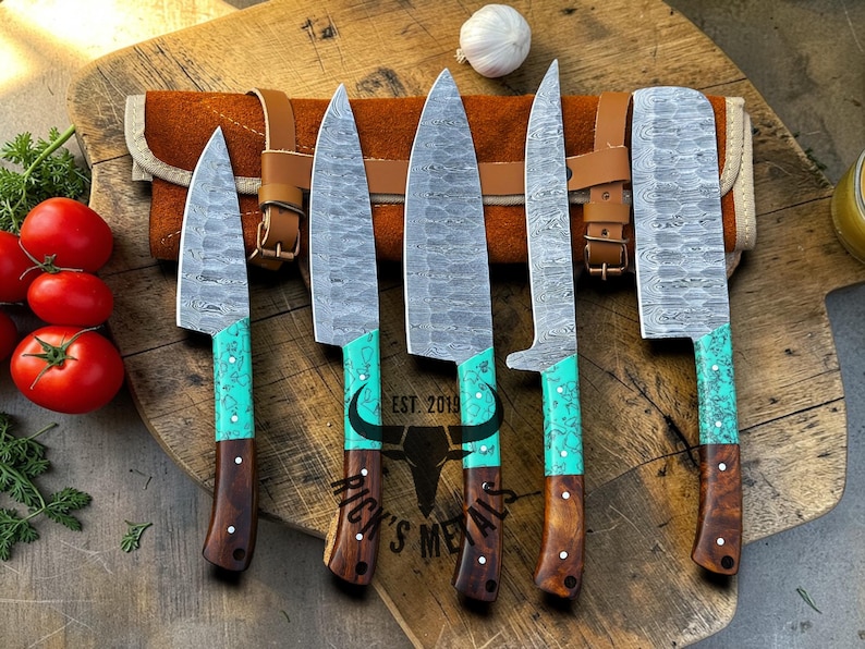 5 Pcs Full Tang Damascus Chef Set with Leather Bag