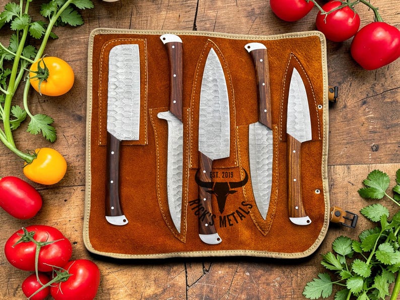 Unique Handmade Damascus Steel Chef Knives Set, Damascus chef knife, 5PCs set, Damascus kitchen knives Set, USA KNIVES BEST Gift for Him/Her Damascus & Rosewood