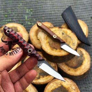 May include: Close-up of two small knives with silver blades and wooden handles. One handle is red and black, the other is brown. A black sheath is also visible. The knives are displayed on a bed of wooden slices.