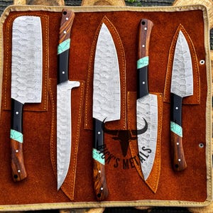 Hand Forged DAMASCUS CHEF SET, Handmade Kitchen Knives, bbq Chef knives, Damascus Chef Sets Gift for Husband, Wedding Gift, Gift for Father