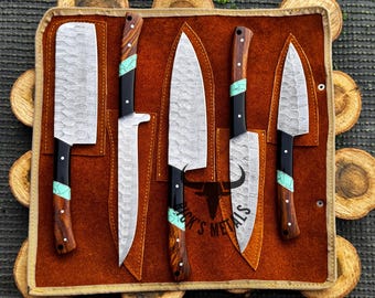 Hand Forged DAMASCUS CHEF SET, Handmade Kitchen Knives, bbq Chef knives, Damascus Chef Sets Gift for Husband, Wedding Gift, Gift for Father