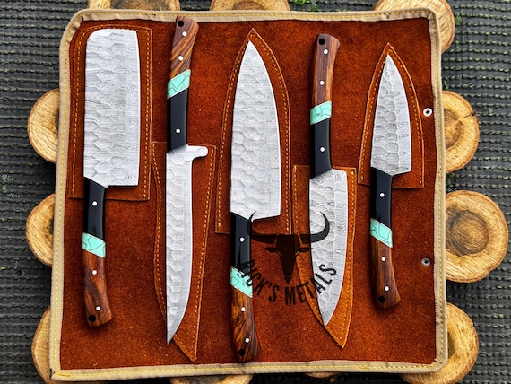 Hand Forged DAMASCUS CHEF SET, Handmade Kitchen Knives, bbq Chef knives, Damascus Chef Sets Gift for Husband, Wedding Gift, Gift for Father