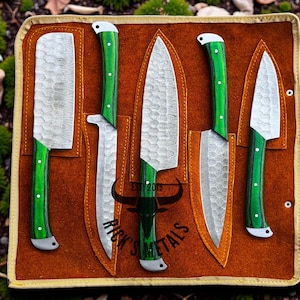 Unique Handmade Damascus Steel Chef Knives Set, Damascus chef knife, 5PCs set, Damascus kitchen knives Set, USA KNIVES BEST Gift for Him/Her Green Wood