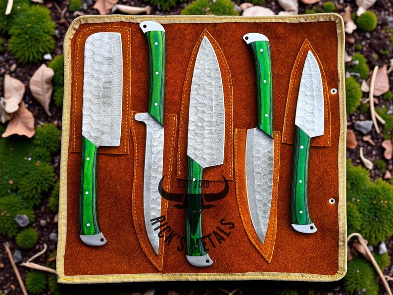 Unique Handmade Damascus Steel Chef Knives Set, Damascus chef knife, 5PCs set, Damascus kitchen knives Set, USA KNIVES BEST Gift for Him/Her Green Wood
