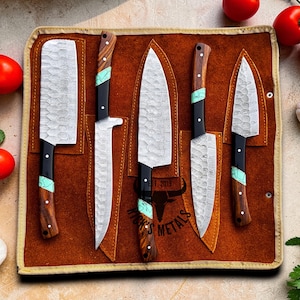 Unique Handmade Damascus Steel Chef Knives Set, Damascus chef knife, 5PCs set, Damascus kitchen knives Set, USA KNIVES BEST Gift for Him/Her Black & Wood