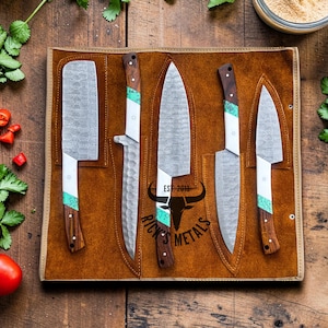 Unique Handmade Damascus Steel Chef Knives Set, Damascus chef knife, 5PCs set, Damascus kitchen knives Set, USA KNIVES BEST Gift for Him/Her White & Resin Spacer