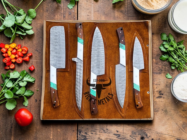 Unique Handmade Damascus Steel Chef Knives Set, Damascus chef knife, 5PCs set, Damascus kitchen knives Set, USA KNIVES BEST Gift for Him/Her White & Resin Spacer