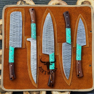Unique Handmade Damascus Steel Chef Knives Set, Damascus chef knife, 5PCs set, Damascus kitchen knives Set, USA KNIVES BEST Gift for Him/Her