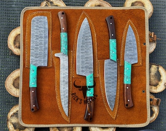 Unique Handmade Damascus Steel Chef Knives Set, Damascus chef knife, 5PCs set, Damascus kitchen knives Set, USA KNIVES BEST Gift for Him/Her