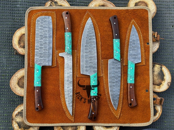 Unique Handmade Damascus Steel Chef Knives Set, Damascus chef knife, 5PCs set, Damascus kitchen knives Set, USA KNIVES BEST Gift for Him/Her