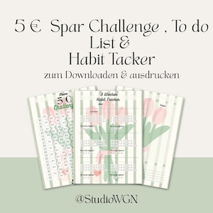 Könnte beinhalten: Ein Stapel druckbarer Habit Tracker und Spar-Challenges. Die Designs zeigen eine sanfte Grün- und Rosa-Farbpalette mit Tulpenillustrationen und vertikalen Streifen. Der Text lautet "5€ Spar Challenge, To do List & Habit Tacker".