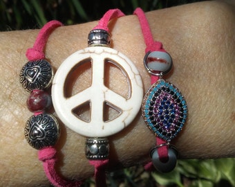 Triple Wrap Bracelet, Crystal Eye, Peace, Coral Micro Suede, Hearts, Magnetic Clasp, Evil Eye, Czech Crystals, France