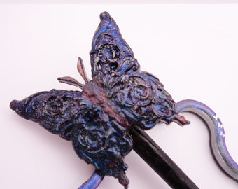 Butterfly Scarf Pin / Shawl Pin / Papillon / Curtain Tieback / Resin / Baroque Wings / Wood / Chameleon Mica Powder / France