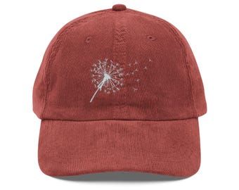 Embroidered Dandelion Corduroy Cap: Vintage 90s Style