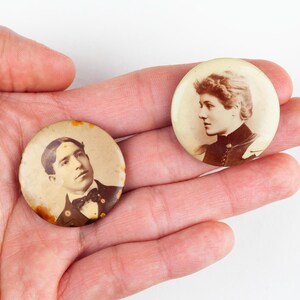 Set of Portrait Celluloid Pins, Victorian era Photo Button, Mourning Jewelry