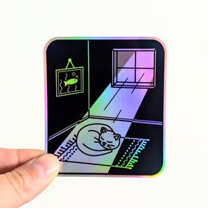 Pegatina holográfica de gato tomando el sol; gatito soñoliento disfrutando del sol; pegatinas holográficas de gatos