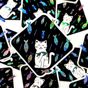 Sticker chat et poisson, paillettes brillantes scintillantes, sticker adorable chaton, sticker poisson il pleut, cadeau mignon pour amoureux des chats