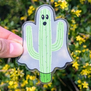 Sticker cactus fantôme ; Clair ; Sticker désert ; Joli petit cadeau fantôme ; Sticker cactus saguaro