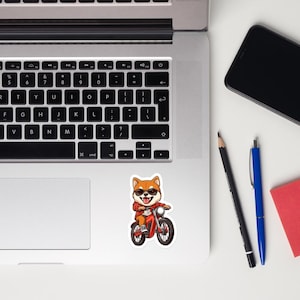 Brown Shiba Inu with a modern bike white sticker / Cute fantasy Shiba Inu art / gift for Shiba Inu lover