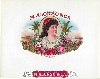 Extremadamente raro - Etiqueta de caja de puros vintage década de 1930 - Flor De M. Alonso & Ca.