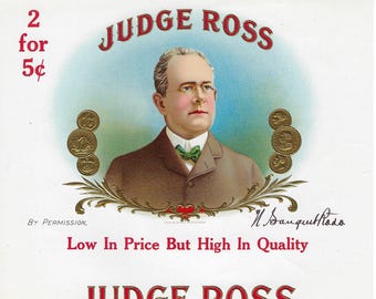 Etiqueta original de caja de puros vintage, década de 1930 - Judge Ross