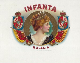 Etiqueta exterior de caja de puros vintage, década de 1920, Infanta Eulalia
