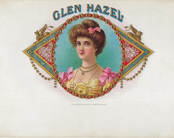 Etiqueta de caja de puros vintage de Glen Hazel, extremadamente rara, década de 1930