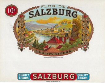 Etiqueta de caja de puros vintage, década de 1920 - Flor De Salzburg