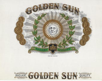 Etiqueta original de caja de puros vintage, década de 1930 - Golden Sun