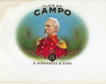 Etiqueta exterior de caja de puros vintage original muy rara, década de 1900 - Flor De Campo