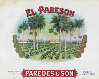 Extremadamente raro - Etiqueta de caja de puros vintage de la década de 1930 - El Pareson