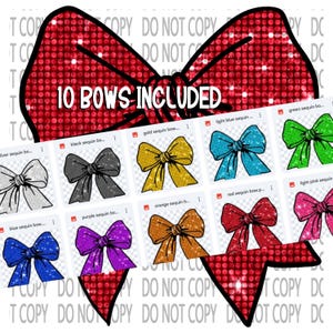 May include: A red sequin bow with 10 different color variations, including black, gold, light blue, green, light pink, blue, purple, orange, and red. The text "10 Bows Included" is displayed on the image.